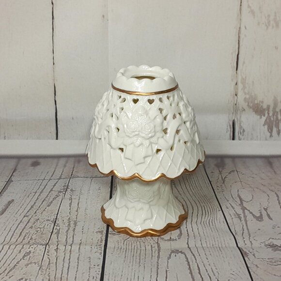 Poinsettia Christmas Tea Light Candle Holder 2pc Gold Red Green Ceramic 7" - Picture 3 of 11